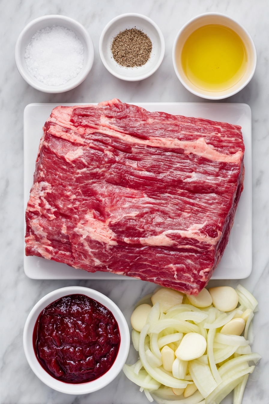 Flat lay of a whole first-cut beef brisket with a thin layer of fat, a small white bowl of coarse kosher salt, a small white bowl of freshly ground black pepper, a small white bowl with clear vegetable oil, a pile of medium yellow onions sliced into thick rings, six whole peeled garlic cloves, a small white bowl holding rich red tomato paste, and a few thick chunks of peeled and trimmed bright orange carrots, all arranged in perfect symmetry on a simple white ceramic surface, placed on a clean white marble surface, soft natural light, photo taken with an iPhone, professional food photography style, fresh ingredients, white ceramic bowls, no bottles, no duplicates, no utensils, no packaging --ar 2:3 --v 7 --p m7354615311229779997