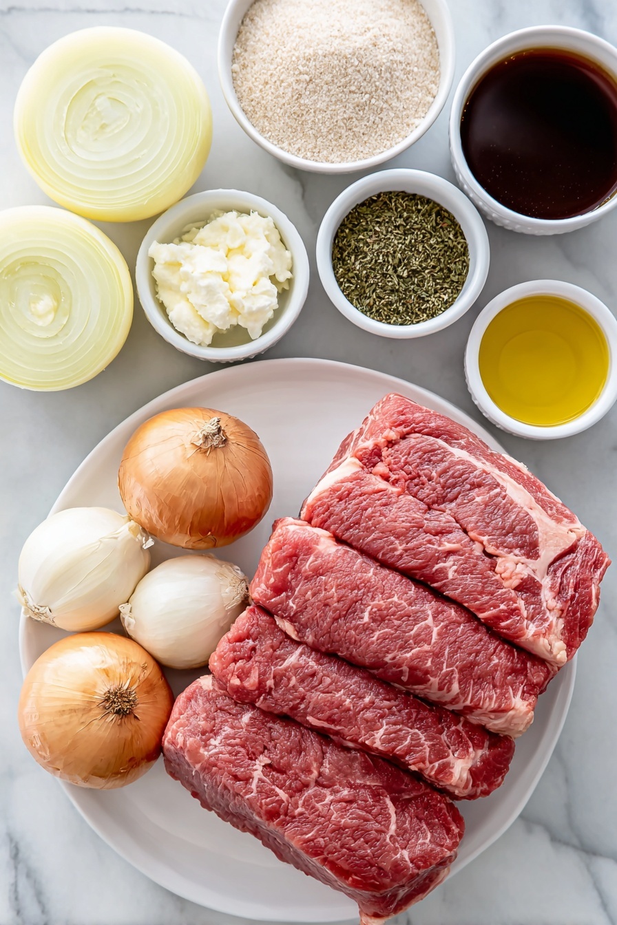 Flat lay of a raw chuck roast on a simple white ceramic plate, three large halved and sliced yellow onions arranged in a fan shape on a white ceramic plate, three whole uncracked brown garlic cloves beside a small white bowl of minced garlic, small white bowls containing golden olive oil, light brown all-purpose flour, dried oregano leaves, dried thyme leaves, coarse salt crystals, cracked black peppercorns, a small white bowl filled with dark rich beef broth, a small white bowl with deep red wine, and a small white bowl of dark brown Worcestershire sauce, all placed symmetrically and balanced on a clean white marble surface, soft natural light, photo taken with an iPhone, professional food photography style, fresh ingredients, white ceramic bowls, no bottles, no duplicates, no utensils, no packaging --ar 2:3 --v 7 --p m7354615311229779997