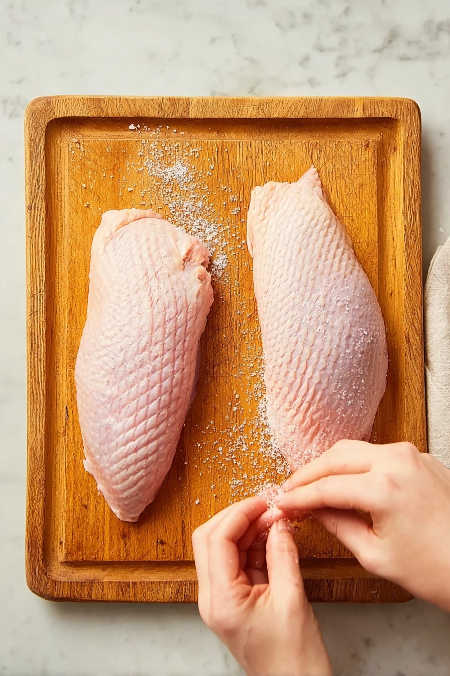 Two raw duck pieces with pinkish skin and crisscrossed cuts lie flat on a wooden cutting board with a natural wood grain texture. A woman's hand, holding some coarse white salt between fingers, is sprinkling the salt over the right piece. The cutting board is placed over a white marbled surface. Photo taken with an iphone --ar 2:3 --v 7