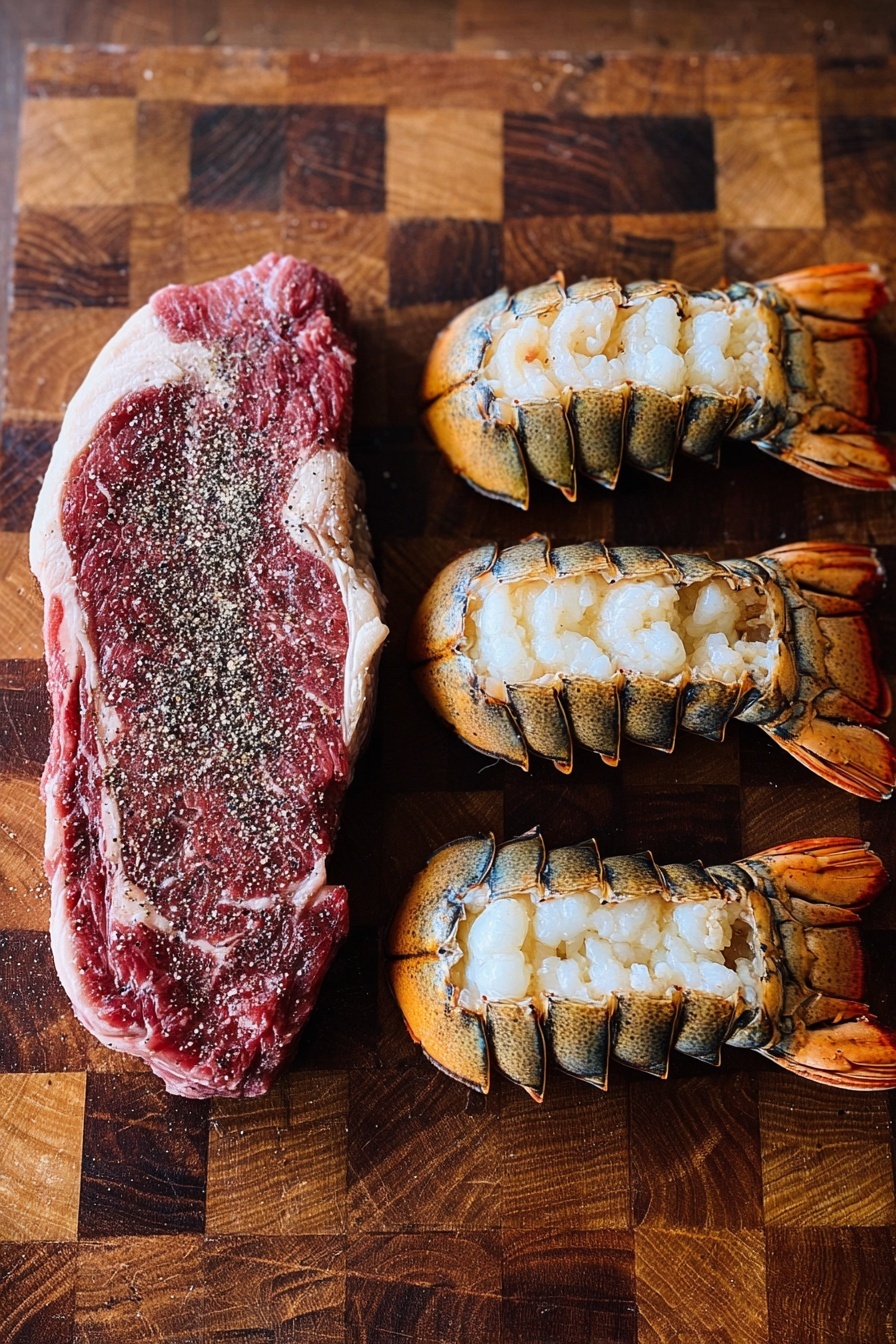 A raw steak lies on the left side, its rich red color mixed with white marbling and sprinkled with coarse salt and black pepper. To the right of the steak, four lobster tails are lined up vertically, each showing the inside with white and light beige meat, dark vein lines, and bright orange lobster shell at the ends. The food rests on a brown wooden chopping board with a checkered pattern. photo taken with an iphone --ar 2:3 --v 7