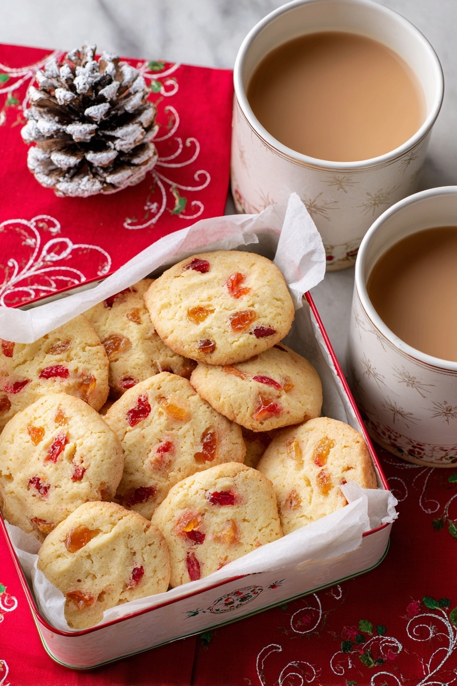 The image shows three round cookies with red pieces inside, stacked lightly on a white napkin with 