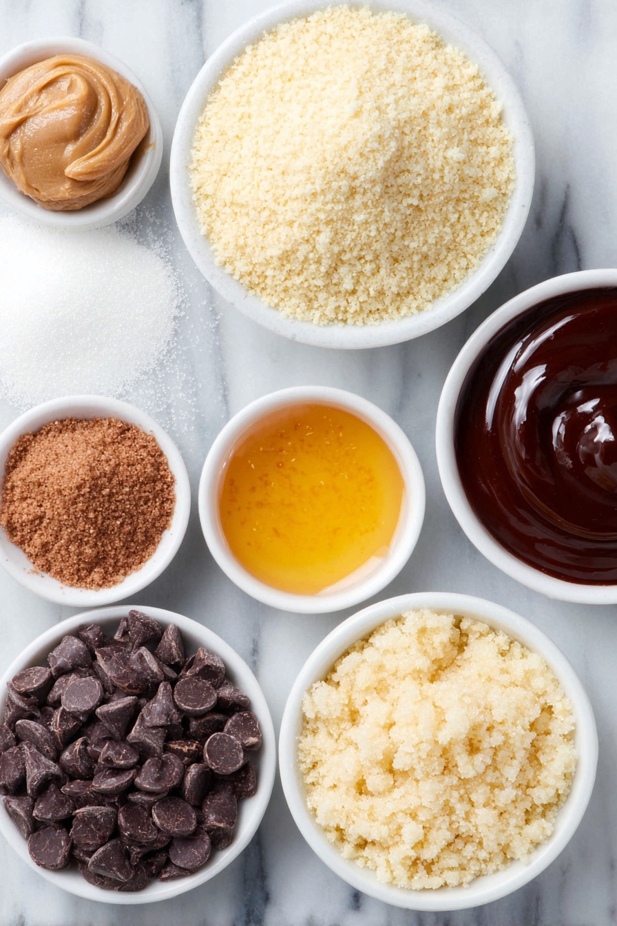 Flat lay of a small mound of finely ground almond flour, a slightly smaller pile of white, powdery coconut flour, a neat heap of golden ground cinnamon, a tiny pile of light brown ground ginger, a pinch of fine white salt, a smooth dollop of creamy almond butter, a small viscous pool of golden honey in a white ceramic bowl, a dark glossy pool of molasses in another small white bowl, a handful of shiny dark chocolate chips beside a little white bowl containing melted chocolate mixed with coconut oil, placed on a clean white marble surface, soft natural light, photo taken with an iPhone, professional food photography style, fresh ingredients, white ceramic bowls, no bottles, no duplicates, no utensils, no packaging --ar 2:3 --v 7 --p m7354615311229779997