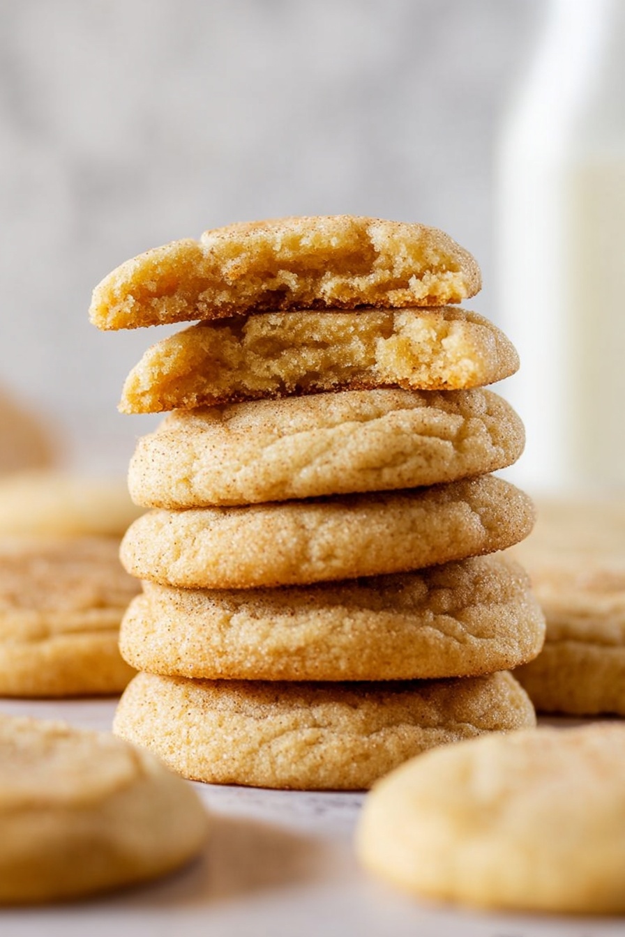 A stack of five golden brown cookies is the main focus, with each cookie showing a soft and crumbly texture. The top cookie is broken in half, revealing a light, slightly grainy inside. Around the stack, there are more whole cookies lying flat, showing their smooth, slightly wrinkled tops. The background is a white marbled texture, and a blurry glass bottle of milk is visible in the back. photo taken with an iphone --ar 2:3 --v 7