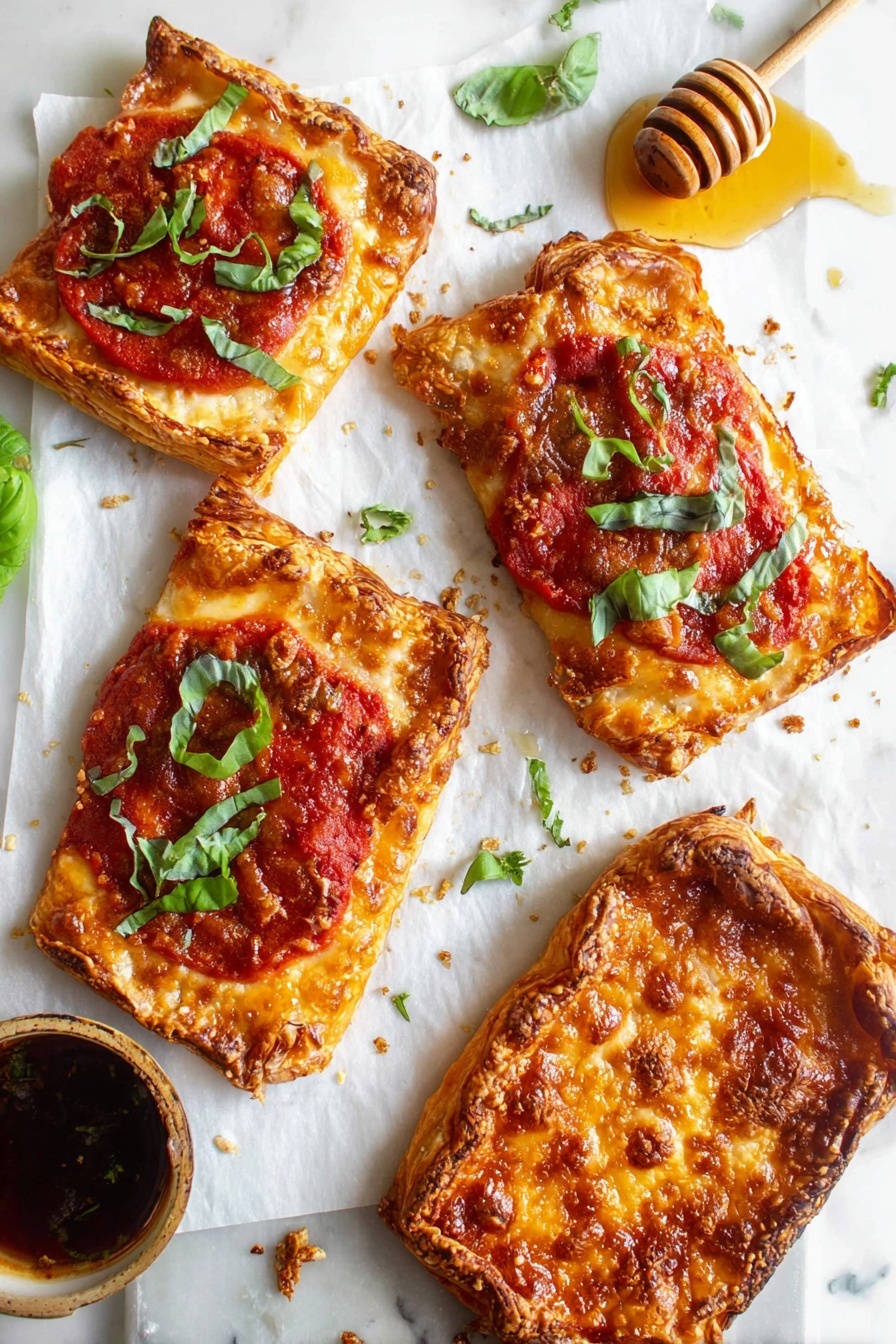 The image shows four rectangular pieces of flaky, golden-brown pastry on white parchment paper with a white marbled surface underneath. Three of the pastries have a layer of bright red tomato sauce topped with melted golden cheese and fresh green basil leaves scattered on top, giving a fresh contrast. The fourth piece looks fully covered with a bubbly, browned cheese crust. There is a wooden honey dipper near the top right corner with a small pool of honey. A small bowl with dark, chunky sauce is partially visible in the bottom left corner. Small bits of green basil leaves are scattered around the pastries. photo taken with an iphone --ar 2:3 --v 7