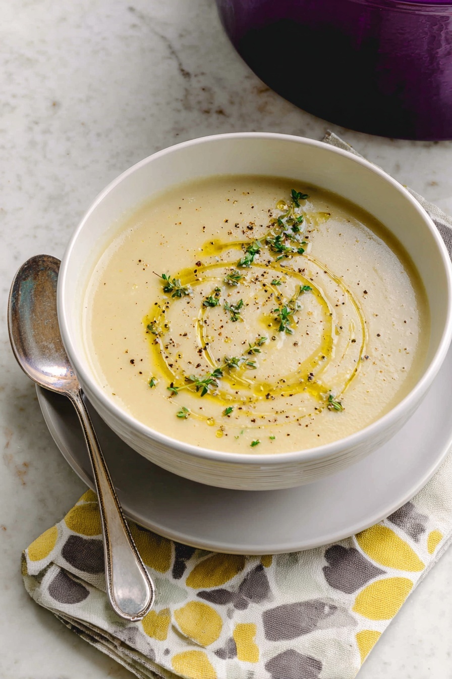 A white bowl filled with creamy beige soup sits on a white plate with a patterned napkin underneath, showing soft yellow and grey designs. The soup surface has a smooth texture with a swirl of golden oil on top, scattered green herb leaves, and specks of black pepper. A silver spoon rests on the napkin beside the bowl. The setting is on a white marbled surface with a large purple pot in the background. Photo taken with an iphone --ar 2:3 --v 7