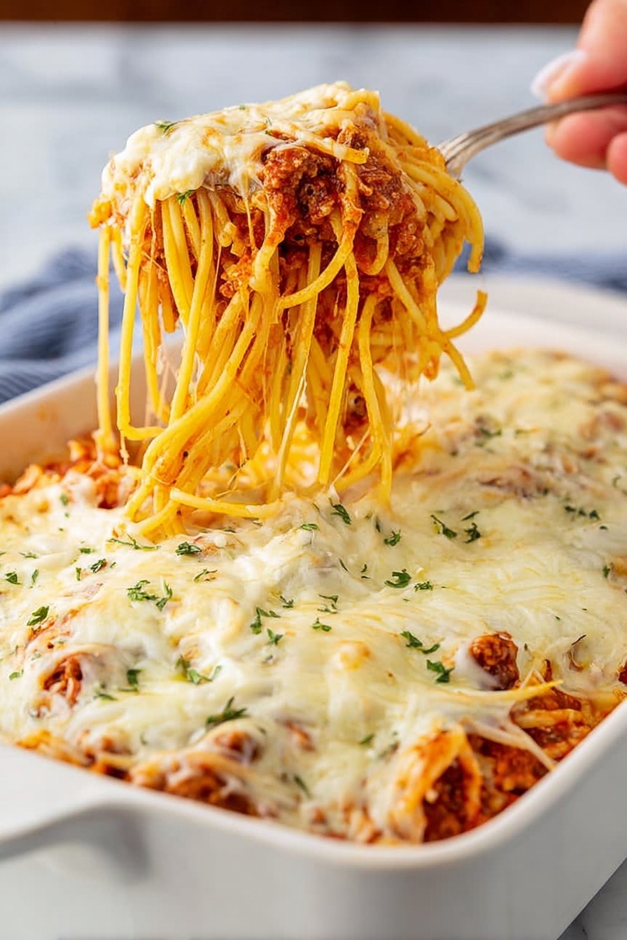 The image shows a white casserole dish filled with a baked spaghetti dish, lifted by a fork held by a woman's hand. The bottom layer consists of light yellow spaghetti noodles. Above it, there is a layer of reddish-brown tomato sauce mixed with shredded meat. The top layer is a thick, melted white cheese blanket, lightly browned in spots with some golden hues. Small green herbs are sprinkled evenly across the cheese layer. The dish is placed on a white marbled surface, and the cheese stretches as the fork pulls up a portion. photo taken with an iphone --ar 2:3 --v 7