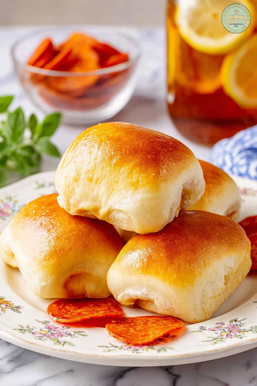 The image shows four golden baked rolls with a smooth, shiny crust placed closely together on a white plate with a delicate floral pattern. The rolls have a soft, fluffy texture with slight browning on the top and sides. Around the rolls, thin slices of reddish-orange pepperoni are scattered, adding a pop of color. In the background, there is a clear glass bowl with more pepperoni slices and a mason jar filled with iced tea and lemon slices. The setting is on a white marbled surface, and a small green herb sprig adds a fresh touch on the left side. photo taken with an iphone --ar 2:3 --v 7