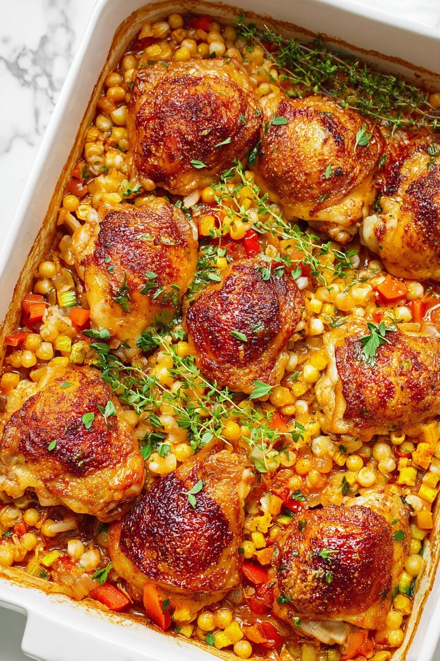 A white rectangular baking dish filled with a base layer of small round pasta mixed with chopped orange and red bell peppers, bits of celery, and a tomato-based sauce, giving it a slightly chunky and textured look with warm orange and red tones. On top, there are six golden brown roasted chicken thighs with crispy skin, scattered evenly across the surface. Some of the chicken thighs show a light charred pattern with deeper reddish browns. There are thin strips of fresh green herbs sprinkled over everything, adding a touch of bright green contrast. The dish sits on a white marbled surface. Photo taken with an iphone --ar 2:3 --v 7