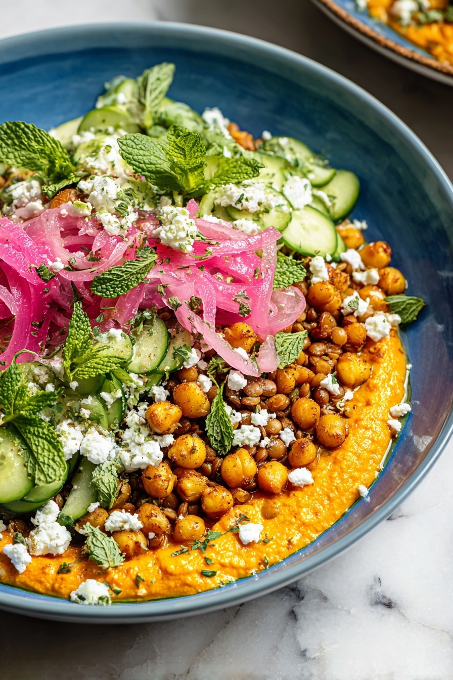 A deep blue bowl holds a layered dish starting with a thick, smooth orange spread at the bottom. On top of this spread, there is a mixture of small, golden-brown roasted chickpeas and a finely crumbed, golden-yellow cooked grain or legume. Scattered over these are fresh cucumber slices, bright pink pickled onion strips, and white crumbled cheese, all topped with fresh green parsley and whole mint leaves. The bowl sits on a white marbled textured surface. photo taken with an iphone --ar 2:3 --v 7