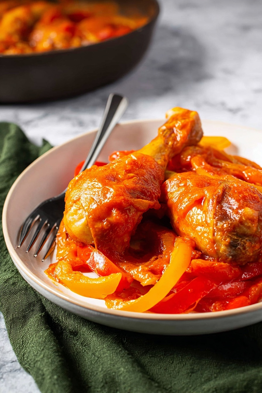 The image shows a dark bowl filled with a stew made of several chicken pieces cooked in a thick, shiny orange-red sauce with visible chunks of red and yellow bell peppers. The chicken has a tender appearance with the sauce coating each piece. The bowl sits on a green cloth placed over a white marbled surface, and in the background, there is a blurred wooden board with two slices of white bread on it. Photo taken with an iphone --ar 2:3 --v 7