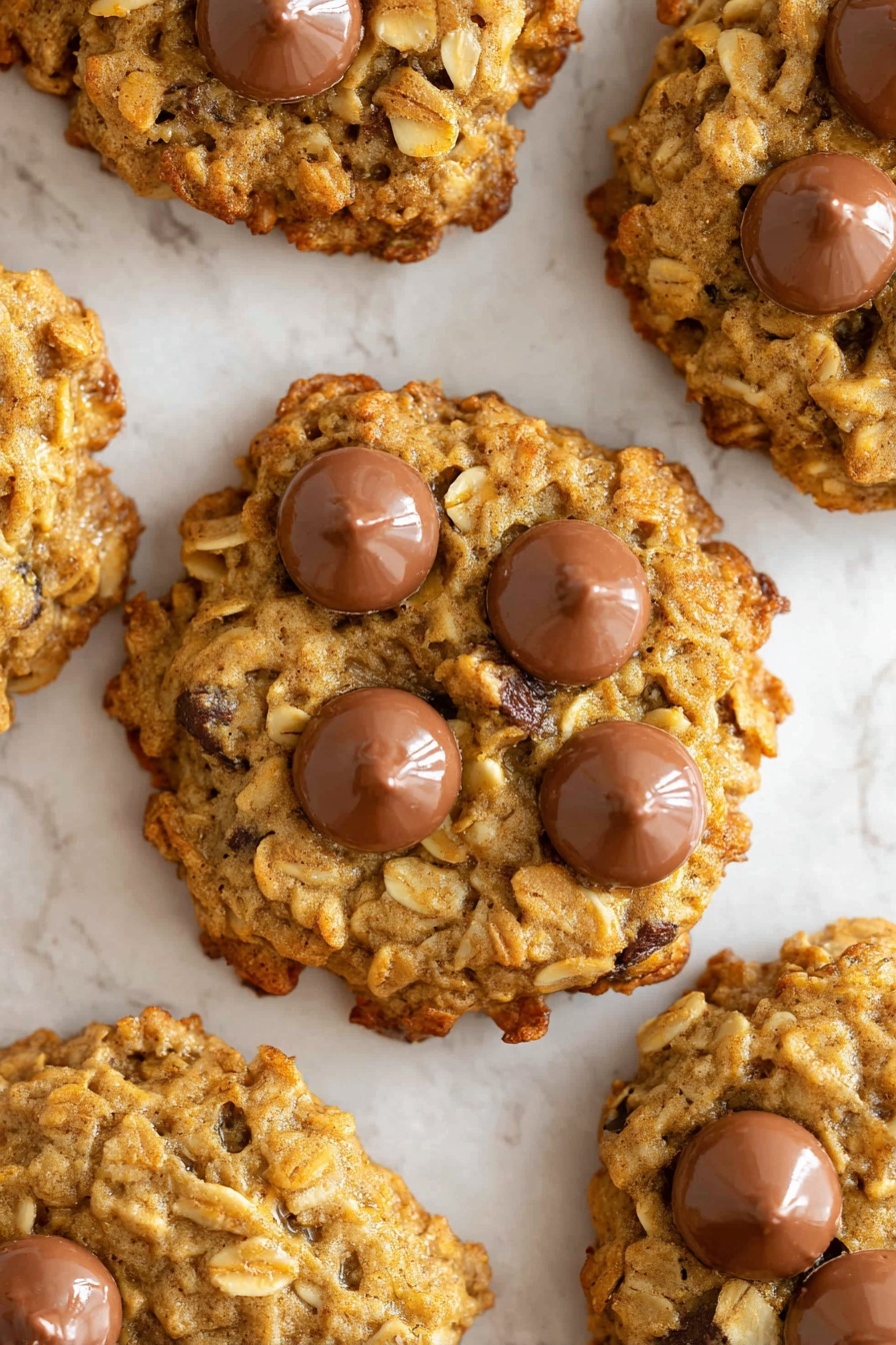 The image shows a group of round oatmeal cookies with chocolate chips on top, arranged closely together on a white marbled surface covered with parchment paper. Each cookie has a rough texture with visible oats and small brown spots from baking, and a golden brown color with darker edges. The chocolate chips are scattered on the tops of the cookies in small clusters, glossy and slightly melted. One cookie is broken into two pieces, showing the soft inside with embedded oats and chocolate chips. A few loose chocolate chips are scattered around the cookies on the parchment paper photo taken with an iphone --ar 2:3 --v 7