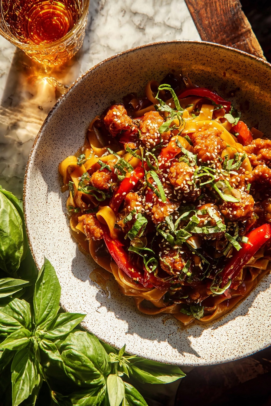 A large white speckled plate holds a vibrant dish with three clear layers: the bottom layer shows wide, flat noodles in a shiny brown sauce, the middle layer has bright red and orange bell pepper strips mixed with fresh green herbs and sliced green onions, and the top layer is golden-brown bite-sized pieces of fried chicken sprinkled with white sesame seeds. The dish is well-lit by sunlight, casting warm highlights and shadows that make the textures of the noodles, vegetables, and chicken stand out. Around the plate, fresh green basil leaves and a glass of amber liquid are visible on a rustic wooden table, with a white marbled surface underneath. photo taken with an iphone --ar 2:3 --v 7