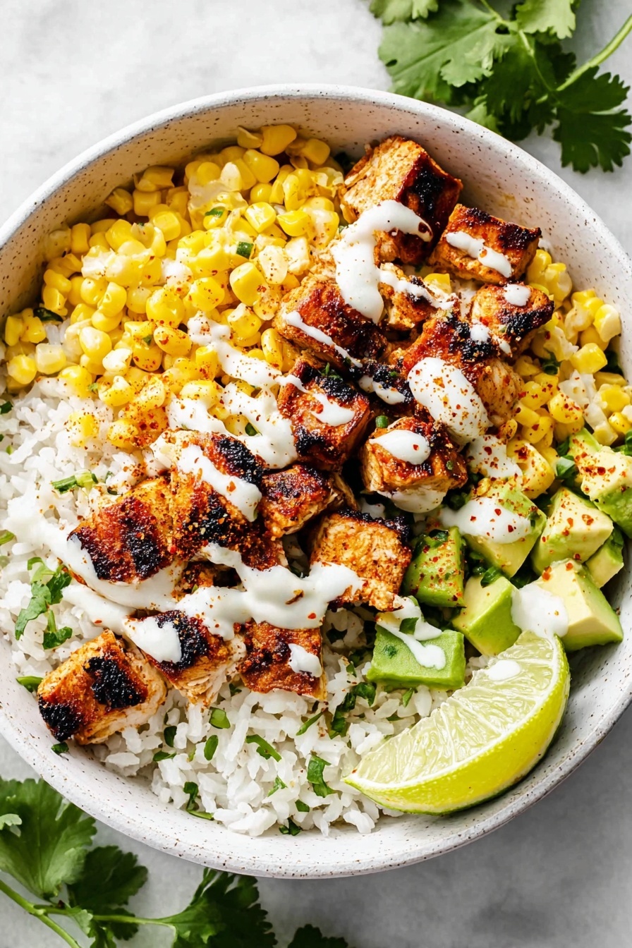 A white bowl filled with three layers: the bottom layer is white rice mixed with small green cilantro leaves, the middle layer is bright yellow corn kernels, and the top layer is grilled chicken pieces with a golden-brown char and some darker edges. On top of the chicken, there is a drizzle of white creamy sauce with a sprinkle of red seasoning. Around the edges of the bowl, chunks of green avocado and fresh cilantro leaves are scattered, with a lime wedge placed on the right side. The bowl sits on a white marbled surface and part of a lime and cilantro leaves can be seen near the bottom edge of the image. Photo taken with an iphone --ar 2:3 --v 7