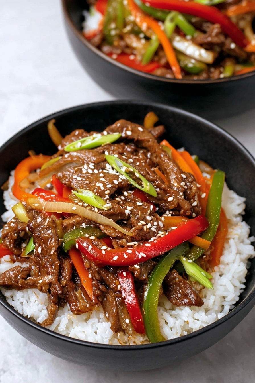 A black bowl is filled with a bottom layer of white steamed rice, topped with a stir-fry mix of brown cooked meat strips and colorful sliced vegetables including red, green, and orange bell peppers, along with green onions and light brown onion pieces. The meat and vegetables are glazed with a shiny sauce and sprinkled with white sesame seeds on top. In the background, another black bowl with the same dish is partially visible, all set on a white marbled texture surface. Photo taken with an iphone --ar 2:3 --v 7