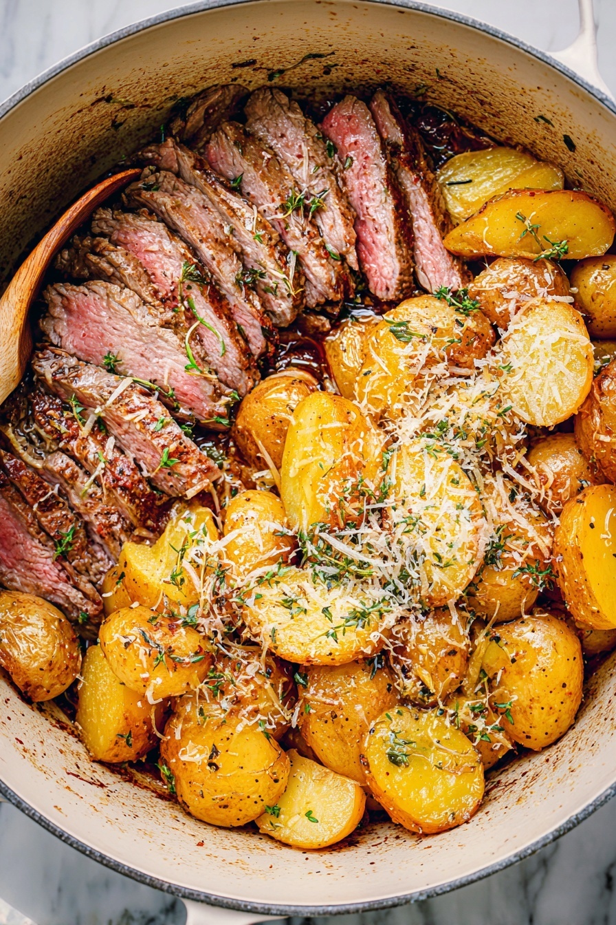 In a round white cooking pot, the dish shows two main parts side by side: on the left, there are several thin slices of cooked beef with a light pink center and browned edges, sprinkled with small green herb leaves; on the right, there are many golden roasted potato wedges and halved baby potatoes, sprinkled with grated white cheese and small green herb sprigs, creating a textured, colorful contrast. The pot is placed on a white marbled surface, and a light wooden cooking spoon rests inside the pot near the potatoes. photo taken with an iphone --ar 2:3 --v 7