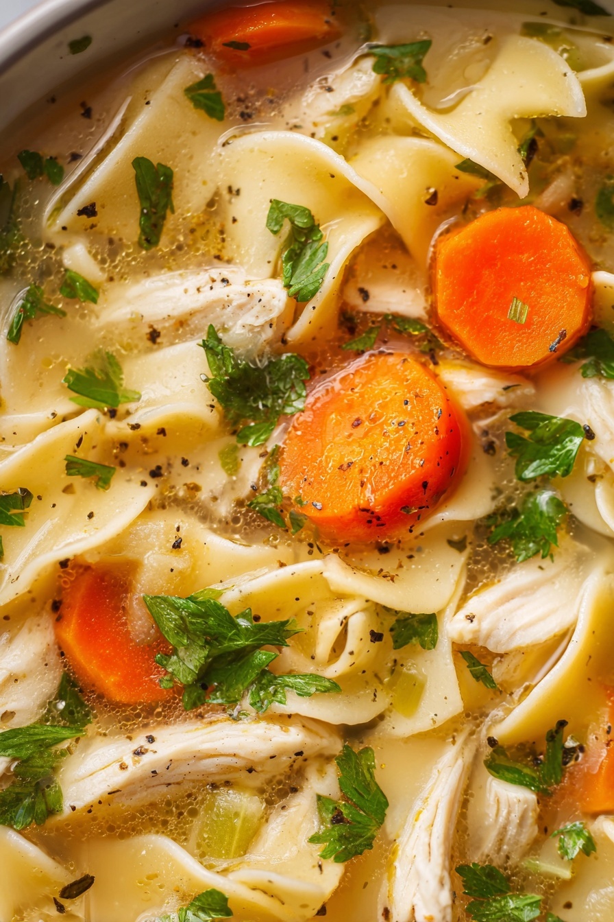 A close-up view of a bowl of chicken noodle soup shows several layers in the light broth. Large pieces of bright orange carrot slices float near wide, flat, cream-colored noodles. Small chunks of white chicken are scattered throughout the soup, mixed with fresh green parsley leaves adding color and texture. Tiny black pepper specks and small bits of herbs are sprinkled on top, floating in the clear broth. The soup appears warm and comforting, with visible steam and a shiny surface. The photo has a white marbled texture background. photo taken with an iphone --ar 2:3 --v 7