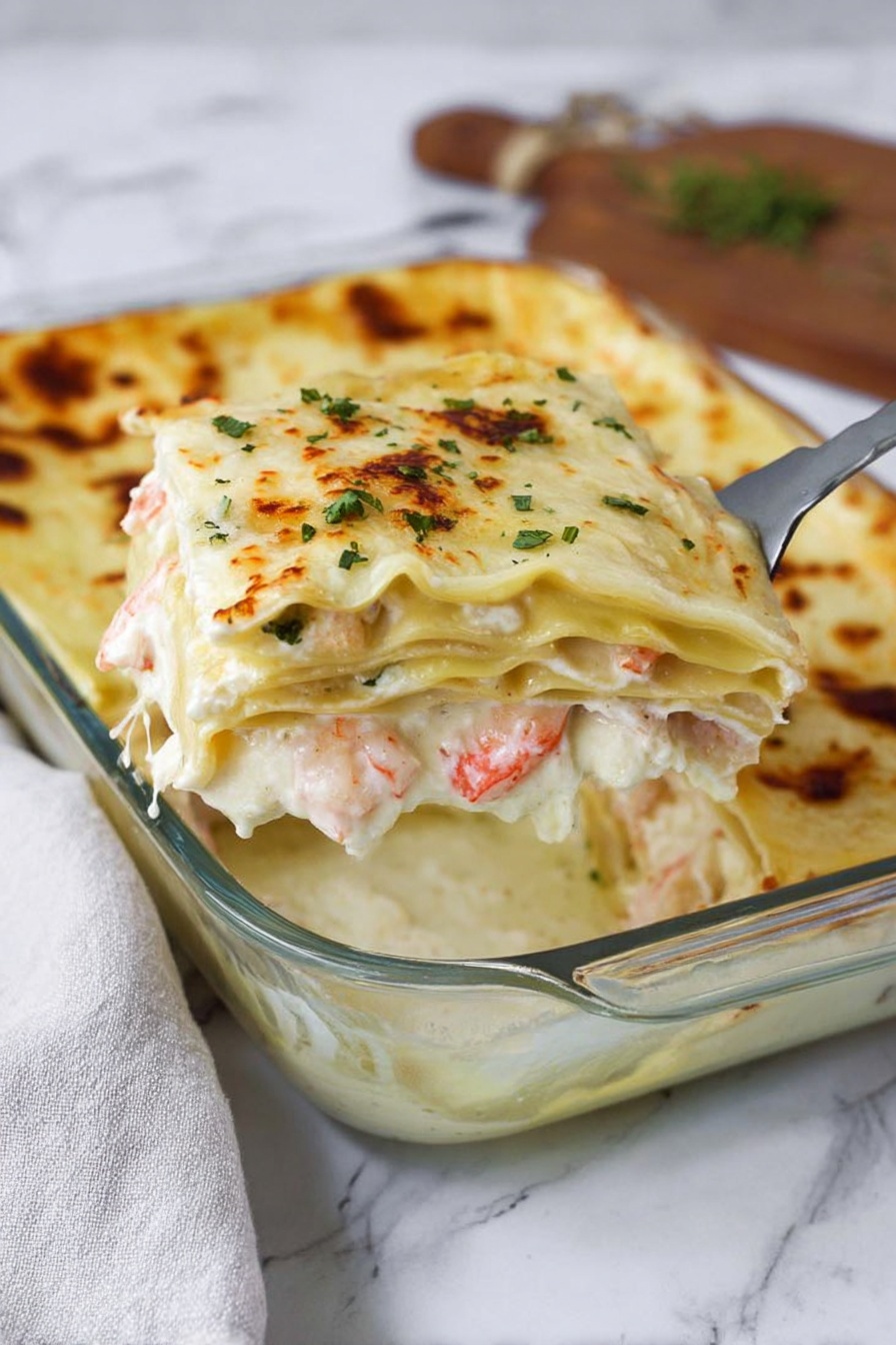 The image shows a glass baking dish filled with a multi-layer creamy lasagna. The top layer is a golden, melted cheese with small browned spots and a few green herbs scattered for garnish. Below, layers of pale yellow pasta sheets alternate with thick white creamy sauce and pieces of pink and white seafood. The visible part of the lasagna slice on a spatula held by a woman's hand reveals the soft texture of the sauce and tender layers. The baking dish is placed on a white marbled surface with a light gray cloth and wooden cutting board blurred in the background. Photo taken with an iphone --ar 2:3 --v 7