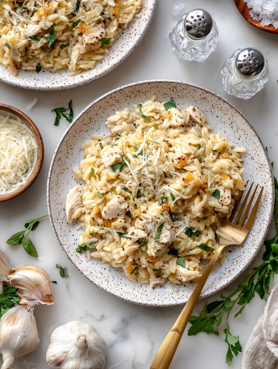 The image shows two plates on a white marbled surface, each filled with a creamy orzo pasta dish mixed with pieces of light brown cooked chicken and sliced mushrooms. The orzo is pale yellow with a soft texture, evenly spread out on the white plates with a thin brown edge. The dish is topped with a light sprinkle of grated white cheese and small green herb leaves scattered on top. A gold-colored fork rests on one plate, partially under the pasta on the right side. Around the plates, there is a beige bowl filled with more shredded white cheese, two small clear glass salt and pepper shakers, a garlic bulb with a single clove separated, and sprigs of fresh herbs. The whole scene feels warm and inviting, showing the food ready to be eaten. photo taken with an iphone --ar 2:3 --v 7