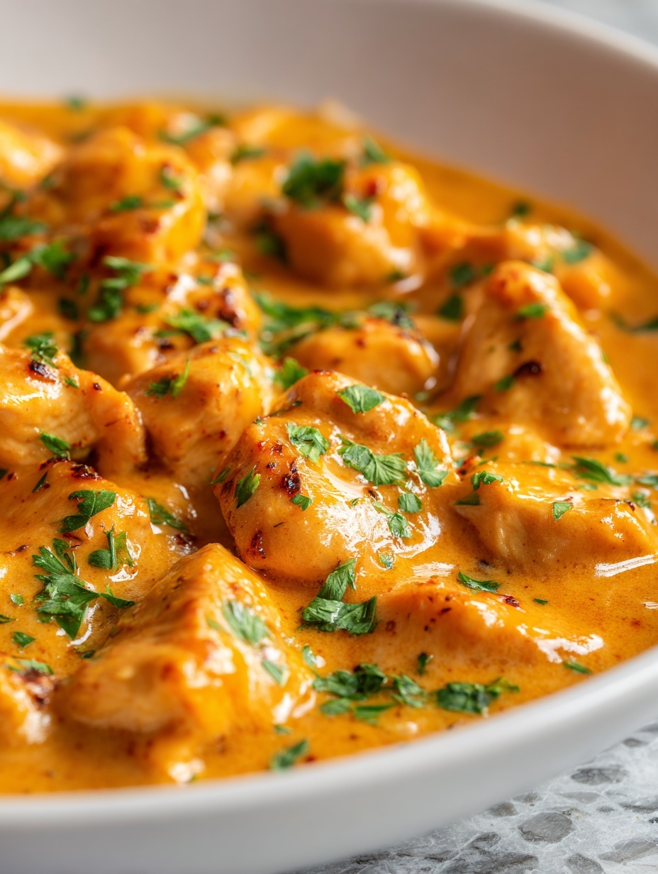 A black bowl on a white marbled surface holds the dish, with the left half filled with white rice sprinkled lightly with green herbs, and the right half covered with a creamy yellow curry layered with chunks of tender chicken and strips of red bell pepper, all topped with more chopped herbs. A woman's hand is holding a fork, scooping some curry and rice. In the top right corner, part of a white plate with folded flatbread is visible. A dark cloth napkin lies under the bowl. photo taken with an iphone --ar 2:3 --v 7