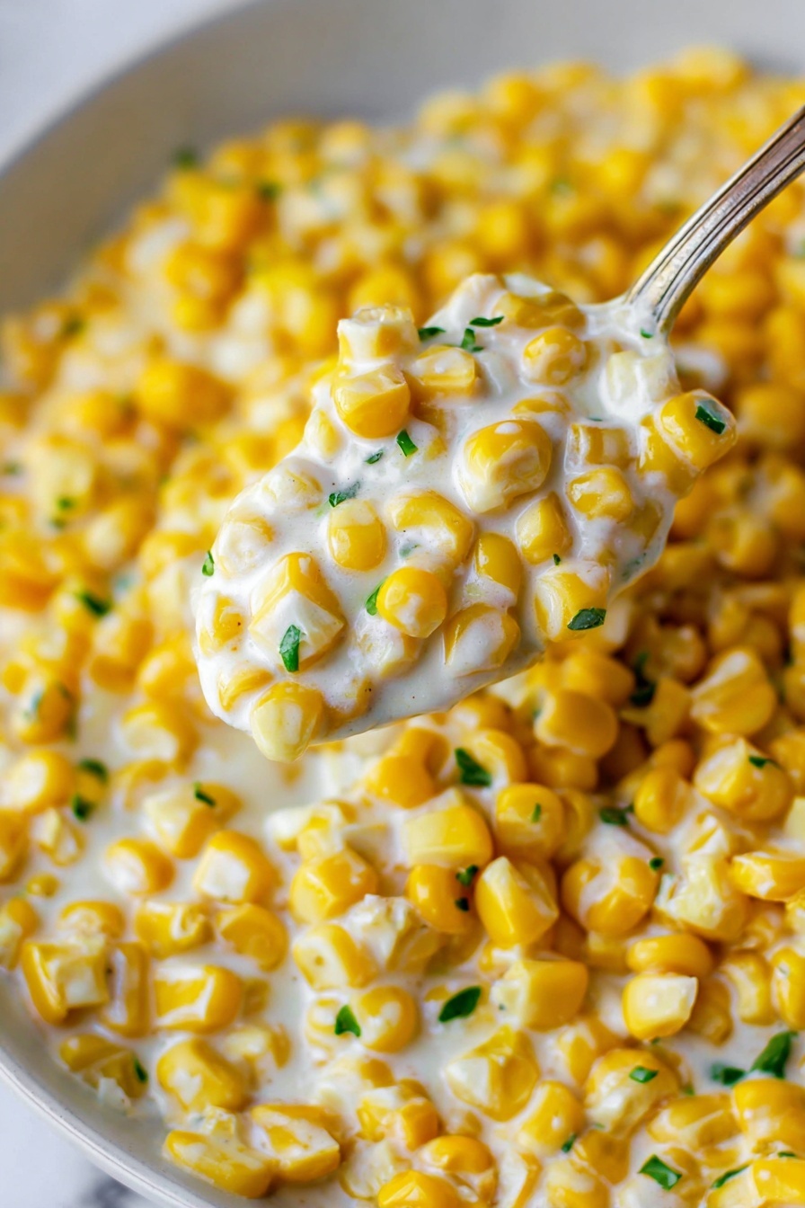 The image shows a close-up of a creamy corn dish with bright yellow corn kernels coated in a smooth white sauce, sprinkled with small green herb pieces. The corn is piled thickly on a white marbled surface, with a silver spoon lifting a scoop full of the corn, highlighting the rich texture of the sauce and the vibrant color of the kernels. The spoon is positioned on the right side, angled slightly upwards, with a focus on the shiny, moist appearance of the corn and sauce. photo taken with an iphone --ar 2:3 --v 7