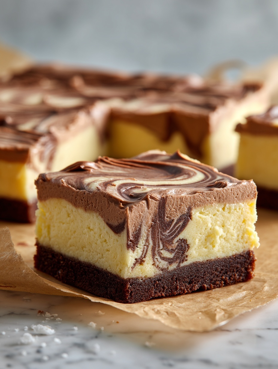 A square slice of layered dessert showing three main layers: at the bottom, a creamy yellow cheesecake layer with smooth texture and slight swirls inside; above it, a dark chocolate cake layer with a moist, dense look and some marbling blending with the cheesecake; on top, a thick, fluffy layer of light brown whipped cream spread evenly with soft waves and peaks. The dessert is on parchment paper over a white marbled surface, with a few slices cut out revealing the layers clearly. The soft cream on top shines slightly in warm light. Photo taken with an iphone --ar 2:3 --v 7