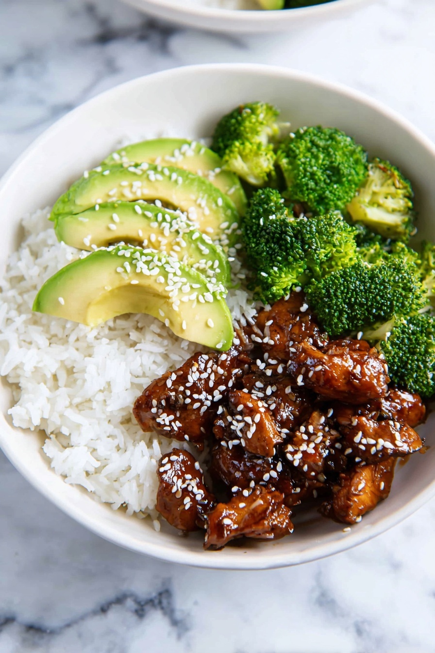 The dish shows a white bowl filled with three main layers. The bottom layer is white rice spread evenly across the bowl. On one side of the rice, there are bright green broccoli florets with a fresh, textured look. Next to the broccoli, several slices of light green avocado are neatly placed, topped with white sesame seeds. The third layer features small pieces of dark brown chicken coated with a shiny sauce, also sprinkled with white sesame seeds, placed beside the broccoli and avocado on the rice. The bowl is set on a surface with a white marbled texture. Photo taken with an iphone --ar 2:3 --v 7