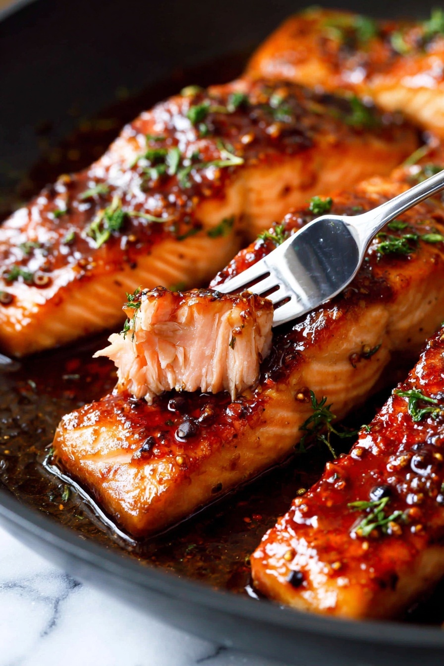 The image shows several pieces of cooked salmon in a pan, each piece layered with a shiny, caramelized sauce that is deep reddish-brown with small black pepper bits and green herb specks scattered on top. The salmon flesh is tender and light pink inside, visible in one piece where a fork is pulling off a small chunk. The surface of the salmon skin is slightly charred, adding a darker texture along the edges. The pan holding the salmon is black, sitting on a white marbled surface. The photo has close-up detail highlighting the juiciness and glaze of the salmon. photo taken with an iphone --ar 2:3 --v 7