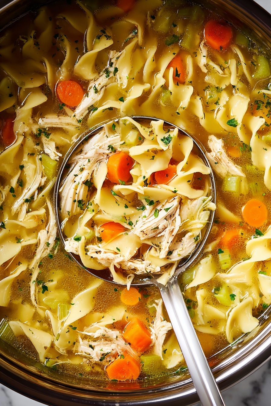 A close-up view of a large pot filled with chicken noodle soup, showing layers of light yellow wide egg noodles with wavy edges, soft light tan shredded chicken pieces, bright orange carrot slices, and light green celery pieces, all floating in clear golden broth with small green herb specks sprinkled on top. A large silver ladle holds a portion of the soup with visible noodles, chicken, vegetables, and broth, positioned on the right side near the center. The pot's edge is dark and slightly reflective, set against a white marbled surface. photo taken with an iphone --ar 2:3 --v 7