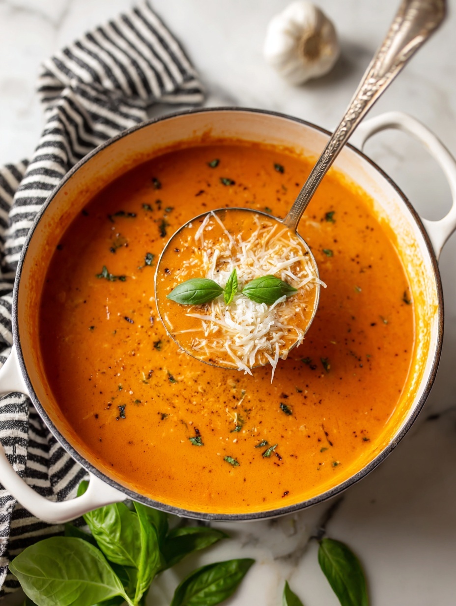 A white pot is filled with smooth, creamy tomato basil soup that is orange with tiny black specks of herbs throughout. In the center, a ladle lifts some soup, showing three layers inside it: a thick orange base, small bits of tomato, and green basil leaves on top, sprinkled with tiny white pieces of cheese. Around the pot, fresh green basil leaves and peeled garlic cloves rest on a white marbled surface, next to a striped black and white cloth. The photo taken with an iphone --ar 2:3 --v 7