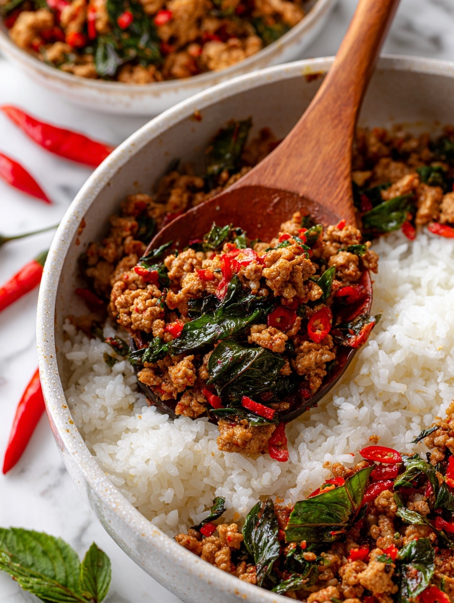 Two white bowls are shown on a white marbled texture, each filled with white rice topped with a stir-fry mix. The stir-fry has three main layers: a base of soft white rice, a thick layer of small, browned ground meat pieces mixed with bright red chili slices, and fresh green leafy vegetables scattered throughout. The vegetables have a slightly shiny texture from cooking. Red chili peppers and green herbs lay beside the bowls, adding a fresh touch. The focus is on the front bowl with the second one blurred softly in the background. Photo taken with an iphone --ar 2:3 --v 7