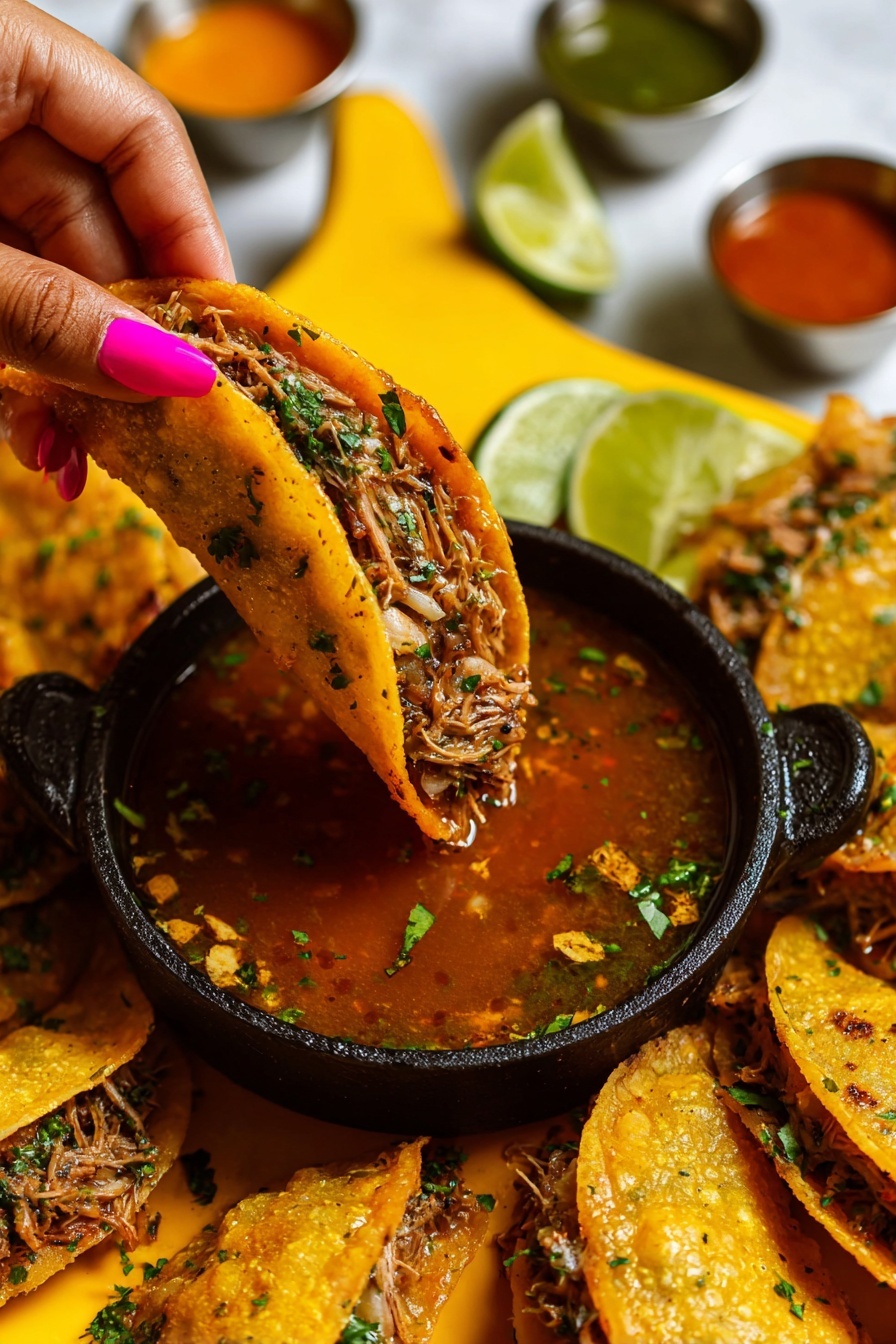 A black round pan filled with several golden brown folded tacos arranged in a circle around a small black bowl of reddish-brown broth stew with bits of herbs and spices floating on top. The tacos have a crispy outer shell with visible texture and are filled with shredded meat, white melted cheese, and sprinkled green herbs, along with small bites of onion inside. There are several lime wedges placed around the tacos on the black pan. The background is a white marbled surface. photo taken with an iphone --ar 2:3 --v 7