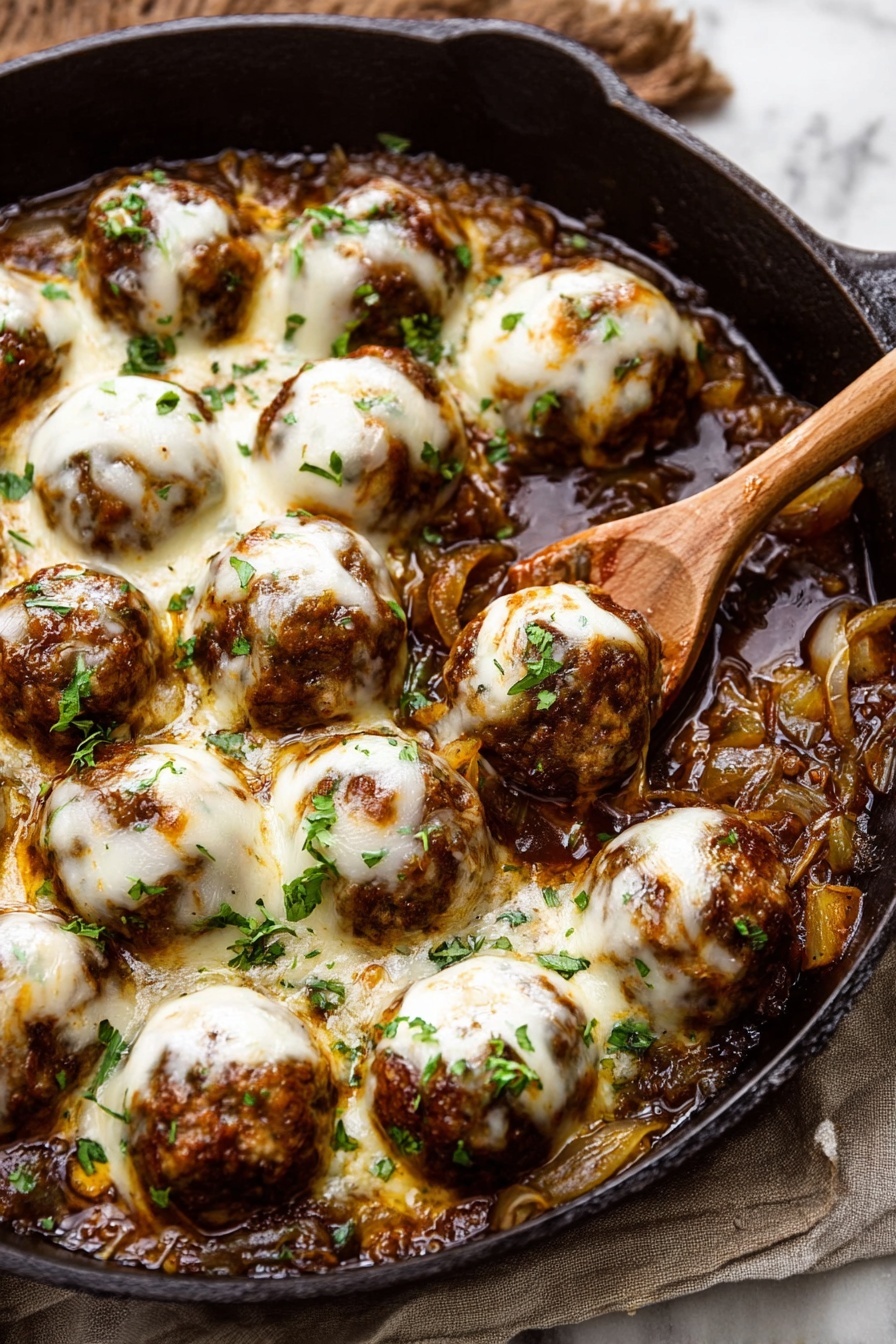 The dish is a cast iron skillet filled with about fifteen round meatballs, each topped with melted white cheese that looks soft and slightly browned in spots. The meatballs sit on a bed of cooked onions and small bits of vegetables in a thick brown sauce, visible between and around the meatballs. Small green herbs are sprinkled evenly on top, adding a fresh touch. A wooden spoon rests inside the skillet, partly digging into the sauce and meatballs. The skillet is placed on a light beige cloth, all set against a white marbled surface. photo taken with an iphone --ar 2:3 --v 7