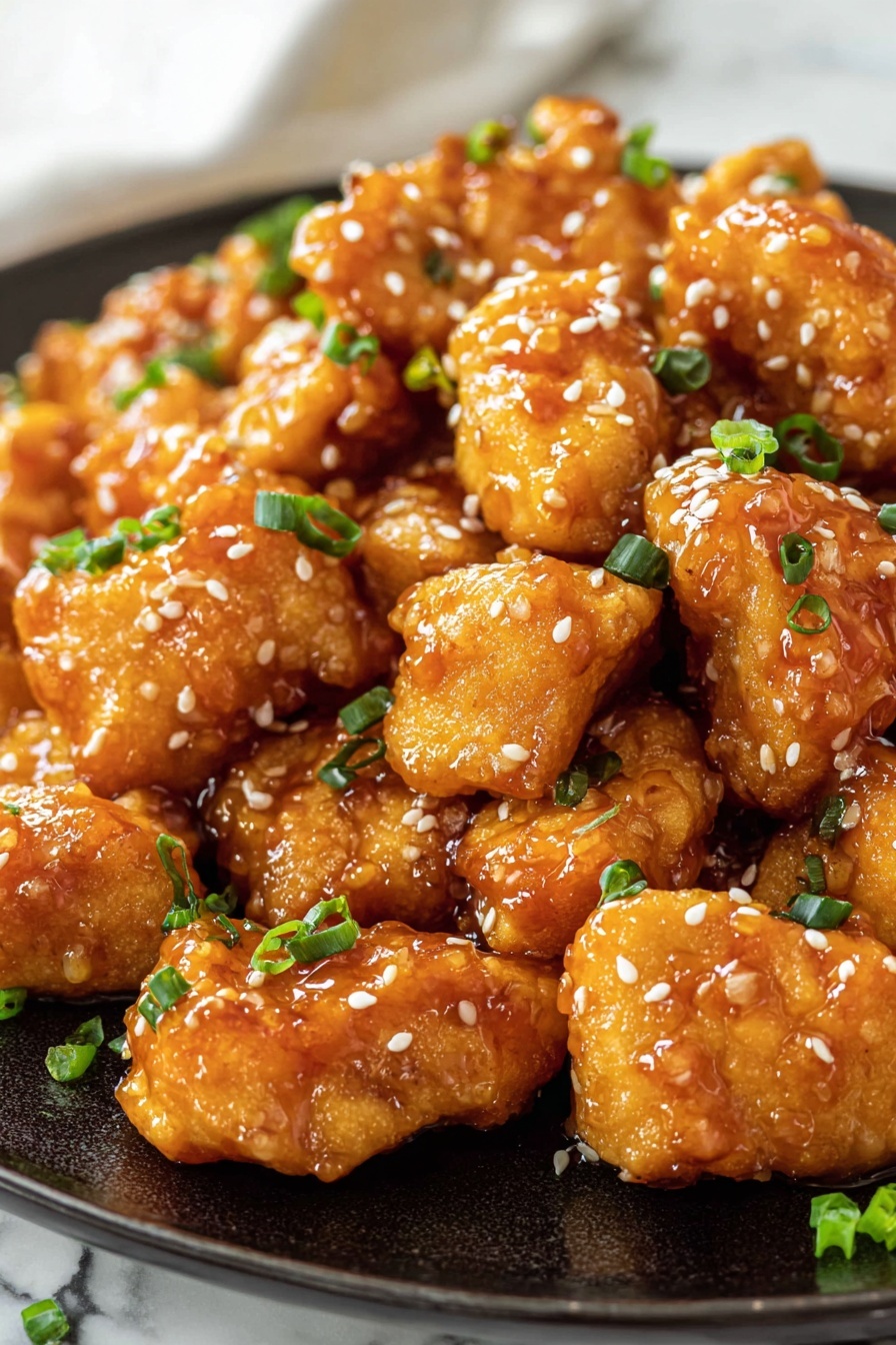 A close-up of many pieces of golden-brown chicken coated in a shiny orange sauce, arranged on a white plate with a few green chopped scallions and white sesame seeds sprinkled on top. The chicken pieces look crispy with a smooth and sticky sauce layer, giving a warm and rich color contrast against the white plate. The background is a white marbled texture. photo taken with an iphone --ar 2:3 --v 7