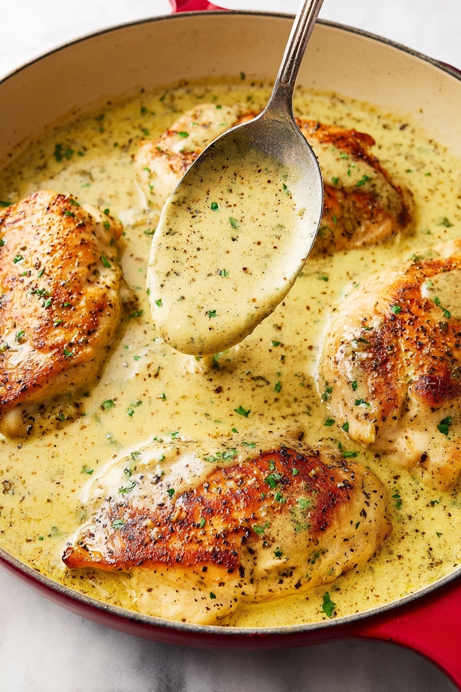 The image shows a close-up of four browned chicken pieces cooking in a light yellow creamy sauce inside a red skillet. The sauce is thick with specks of dark herbs and is unevenly spread over the chicken and pan. A silver spoon covered in sauce is held over the chicken, dipping into the sauce. The skillet sits on a white marbled surface. Small bits of green herbs are sprinkled lightly over the chicken and sauce, adding texture and color contrast. Photo taken with an iphone --ar 2:3 --v 7
