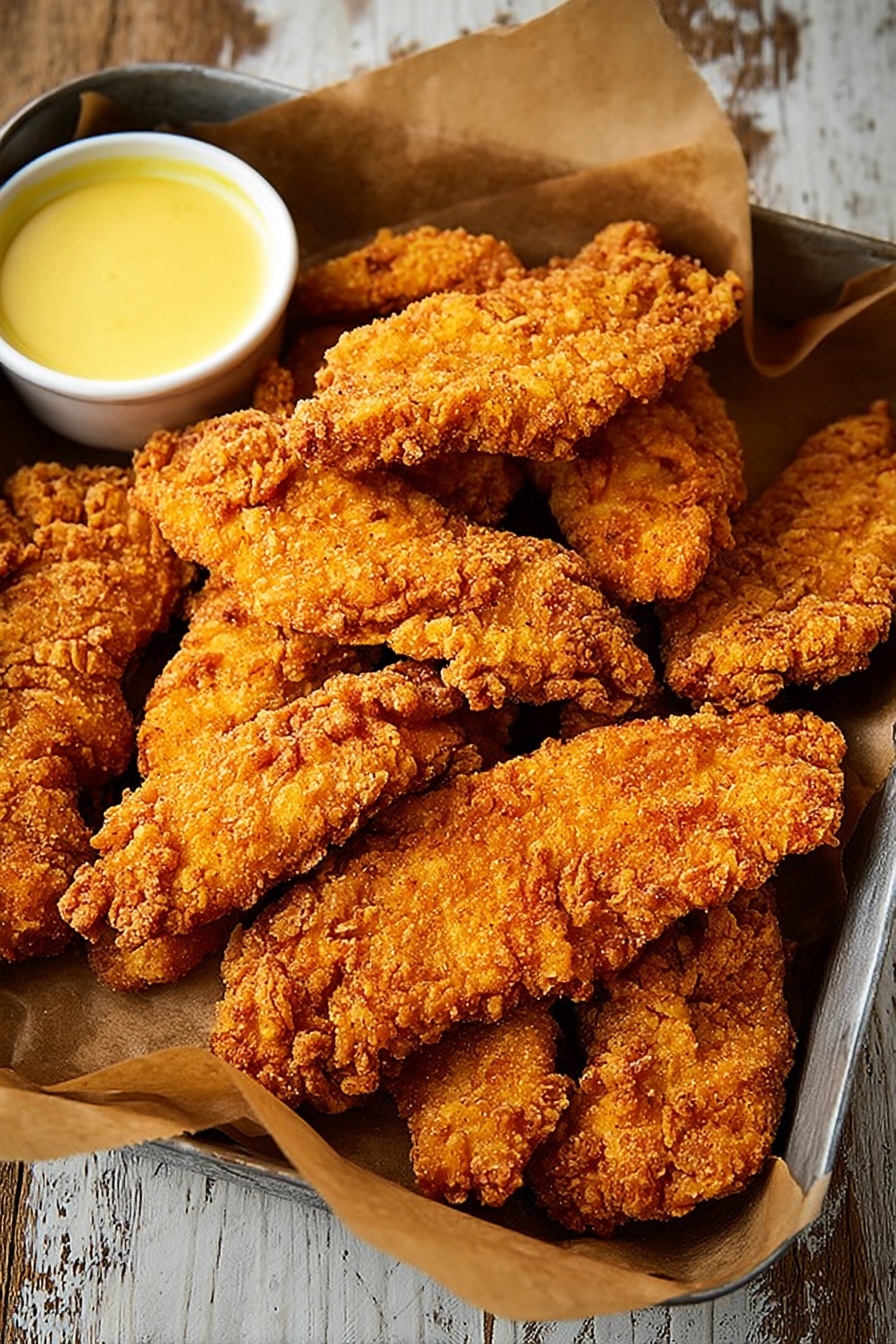 The image shows a metal tray lined with brown parchment paper filled with several pieces of crunchy fried chicken tenders. The chicken tenders are golden-brown with a textured, crispy coating. There is a small white bowl with yellow dipping sauce placed in the top left corner inside the tray. The tray is set on a wooden surface with a white marbled texture. The focus is on the chicken pieces, which are layered closely in the tray, giving a sense of plenty and crunchiness. photo taken with an iphone --ar 2:3 --v 7