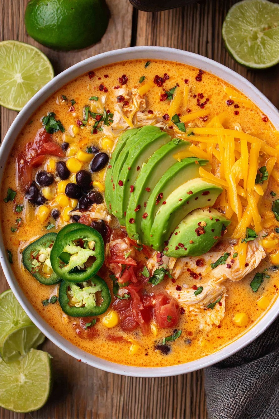 A bowl filled with thick orange soup as the base layer, dotted with red chili flakes and small green herbs, scattered with black beans, corn kernels, shredded chicken pieces, and chunks of tomato. On top, there are several slices of green avocado arranged in the center and lime wedges placed nearby. Bright orange shredded cheddar cheese and sliced green jalapenos are layered next to the avocado, creating contrast against the soup. The bowl is white and set against a wooden surface with lime wedges around it. photo taken with an iphone --ar 2:3 --v 7