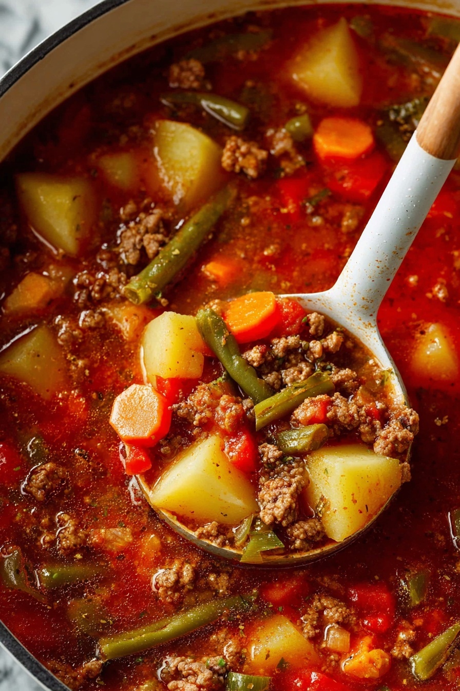 A close-up view of a pot filled with thick vegetable and meat stew in a dark reddish-brown broth. The stew shows chunks of light yellow potatoes, bright orange carrot slices, green beans, celery, and bits of ground meat all mixed together. A white ladle with a wooden handle is scooping the stew, showing a mix of these colorful vegetables and meat. The background is a white marbled texture. photo taken with an iphone --ar 2:3 --v 7