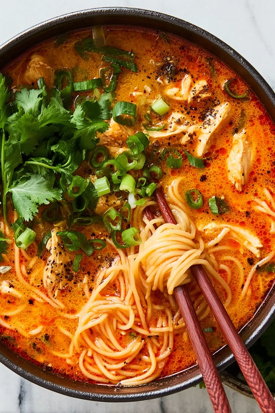 A bowl filled with rich orange-red soup with thin noodles swirling in the middle, held by brown wooden chopsticks lifting the noodles. The soup has pieces of light-colored cooked chicken and is sprinkled with black pepper. Bright green chopped spring onions and fresh cilantro leaves are placed on top, adding a fresh touch. The bowl is dark and contrasts well with the food inside, all set on a white marbled surface. photo taken with an iphone --ar 2:3 --v 7