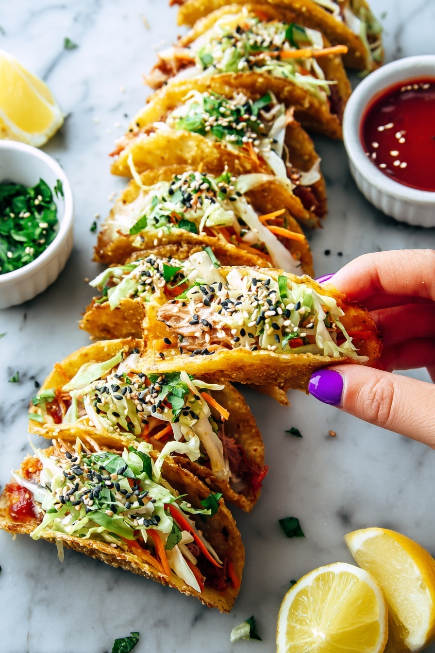 The image shows a row of small tacos arranged diagonally on a white marbled surface. Each taco has a golden crispy shell with a bubbly texture, filled with pieces of cooked meat and topped with shredded cabbage, thin orange carrot strips, chopped green herbs, and scattered black and white sesame seeds. At the front, one taco is being held by a woman's hand with purple nail polish and is being dipped into a small white bowl of red sauce. Nearby are two other white bowls, one filled with a creamy sauce covered in sesame seeds and the other with leafy green herbs. Lemon wedges are placed in the background, adding a fresh yellow contrast. The scene is brightly lit and colorful, with a fresh and inviting look. photo taken with an iphone --ar 2:3 --v 7