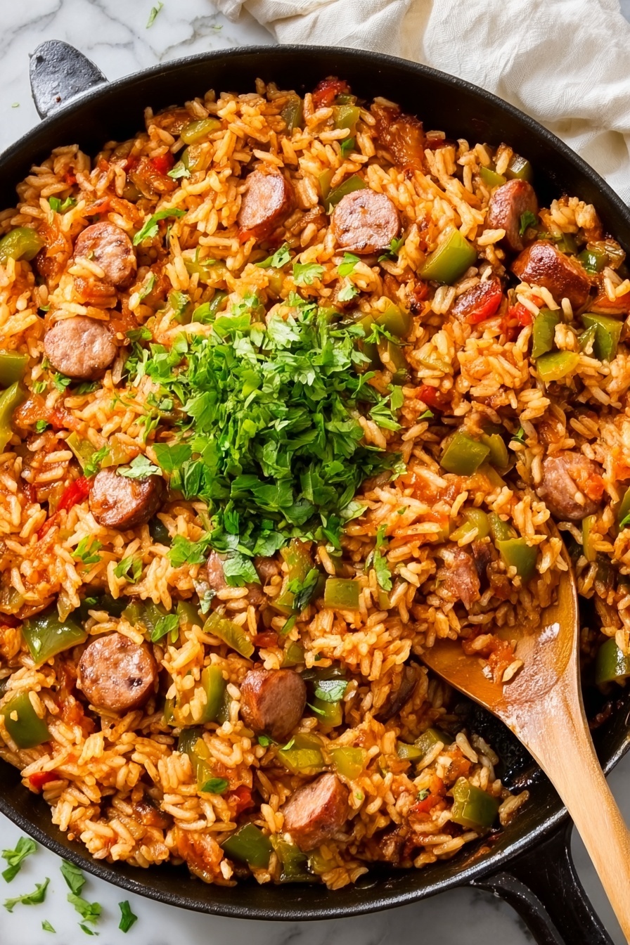A white plate holds a colorful dish with three main layers: a base of small, shiny orzo pasta that is light golden in color, mixed evenly with diced green bell peppers and small chunks of red tomatoes, creating a vibrant mix. Scattered throughout are slices of browned sausage, round and slightly orange, sitting on top and mixed in with the orzo. Finely chopped green herbs are sprinkled over the whole dish, adding fresh green highlights. The plate is set on a white marbled surface. A small white bowl with more chopped green herbs is placed near the top right. photo taken with an iphone --ar 2:3 --v 7