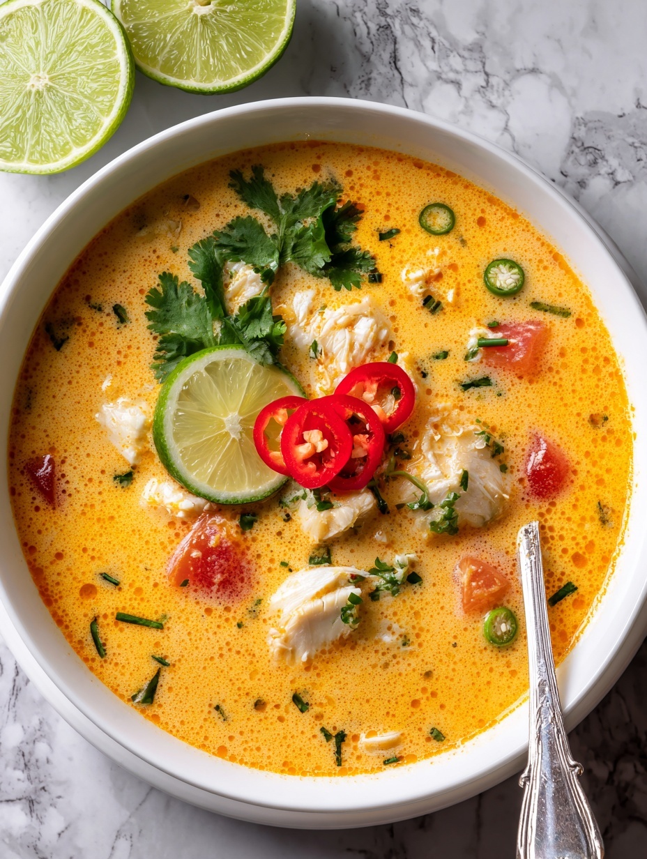 The image shows a white bowl filled with bright orange soup that has a creamy texture. There are several layers visible; the soup base is smooth with small bubbles on the surface. Floating on top are thin slices of red chili, fresh green cilantro leaves, and light green slices of lime. There are also pieces of white shredded meat and small green onion slices scattered throughout the soup. The bowl is placed on a surface with a white marbled texture, and a mustard yellow cloth with fringed edges is nearby. The photo taken with an iphone --ar 2:3 --v 7