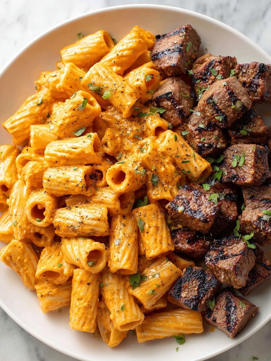 A white plate holds two main parts: on the left side, there is a creamy light orange macaroni pasta with small, tube-shaped pieces covered in sauce and sprinkled with black pepper; on the right side, there are many small, browned, cubed pieces of steak with a shiny, slightly oily surface, stacked closely together. The background shows a white marbled texture. Photo taken with an iphone --ar 2:3 --v 7