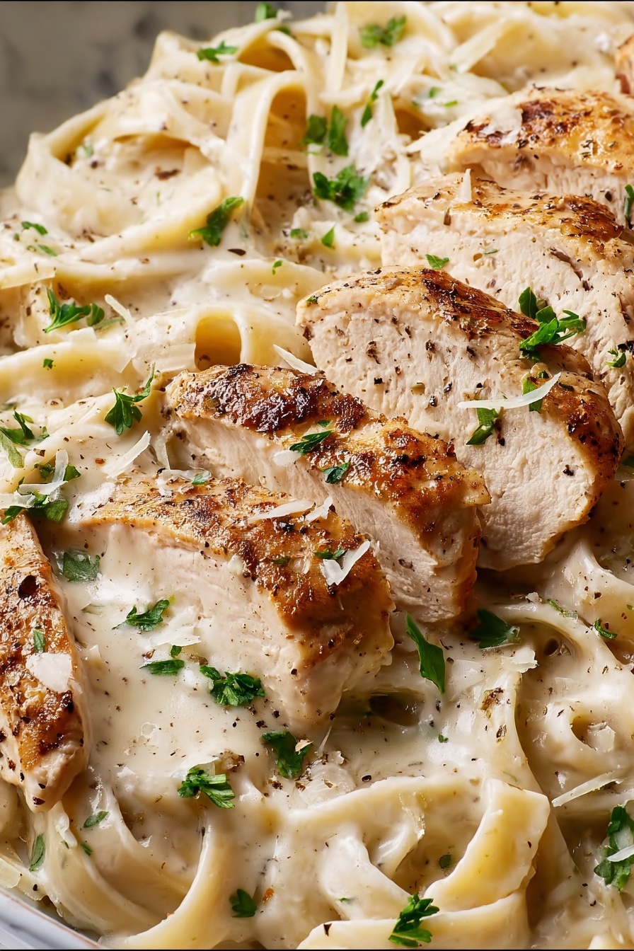 The image shows a close-up of a dish with several slices of golden-brown cooked chicken placed on top of creamy white fettuccine noodles, both covered in a thick white sauce. The chicken slices have a slight char and are sprinkled with small green parsley pieces and freshly ground black pepper. The noodles are intertwined, thick, and coated in sauce, with small white shavings of cheese scattered throughout. The dish is set against a white marbled texture background. photo taken with an iphone --ar 2:3 --v 7