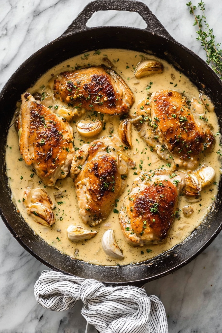 A black cast iron pan contains four browned chicken pieces in a thick creamy beige sauce with visible herbs sprinkled on top and several whole cloves of garlic placed around the chicken. The chicken pieces are golden with slight charring and are partially covered by the sauce. The pan sits on a white marbled surface, and a striped cloth is tied around the pan handle. The overall look is warm and inviting, with a rustic feel. photo taken with an iphone --ar 2:3 --v 7