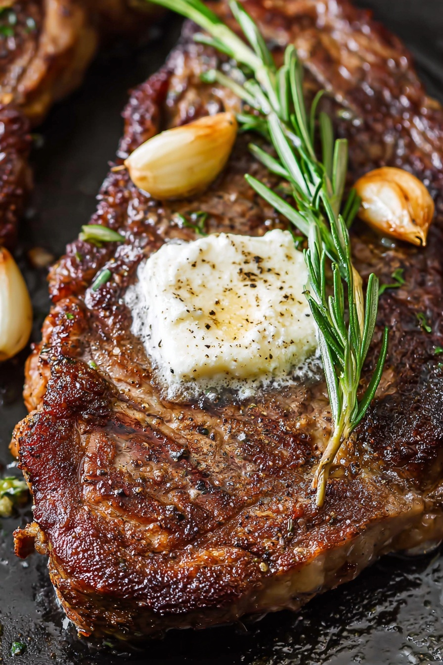 The image shows six steps of cooking two thick red steaks with white fat edges. The first layer shows two raw, wet steaks with white marbling on a white plate with blue rings, a woman's hand is drying one steak with a paper towel. The second layer has the same two steaks on the white plate, now covered with coarse black pepper. The third layer shows a black pan with a shiny coat of oil being brushed with a red brush. The fourth layer has the two steaks moving into the black pan, a black spatula is about to touch one steak. The fifth layer shows the steaks being turned upright with silver tongs, smoke rising from the black pan. The last layer shows the cooked dark brown steaks in the pan with some browned garlic cloves and green herbs, a silver spoon is pouring juices over the steaks. Photo taken with an iphone --ar 2:3 --v 7