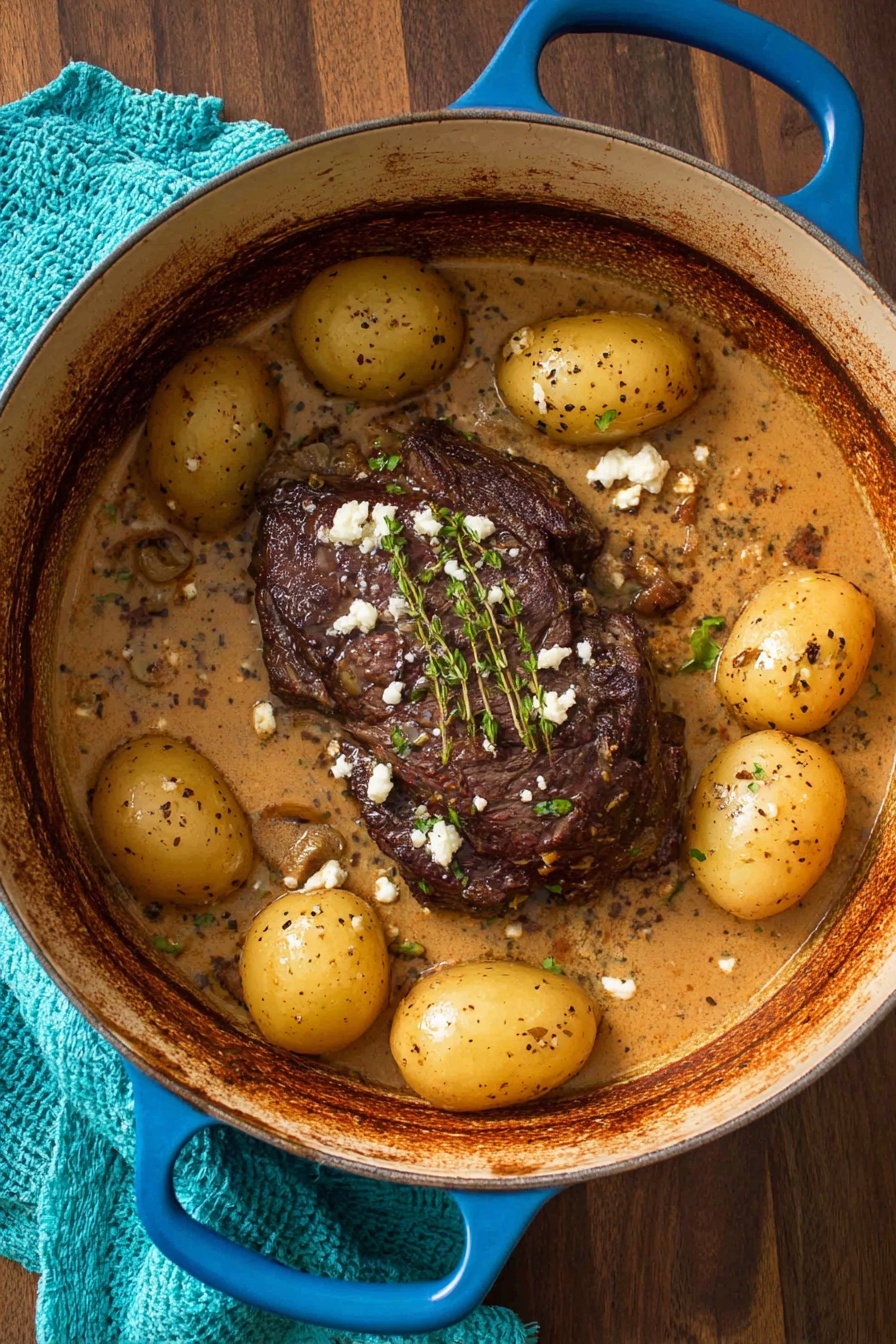 The dish shows a white plate filled with several golden-brown cooked potatoes, some whole and some halved, with a slightly soft texture and sprinkled with black pepper and green herbs. Next to the potatoes are several chunks of tender brown beef covered in a creamy, light brown sauce with visible black pepper and small white cheese crumbles on top. A shiny gold fork rests over the edge of the plate. The background is a white marbled texture. photo taken with an iphone --ar 2:3 --v 7