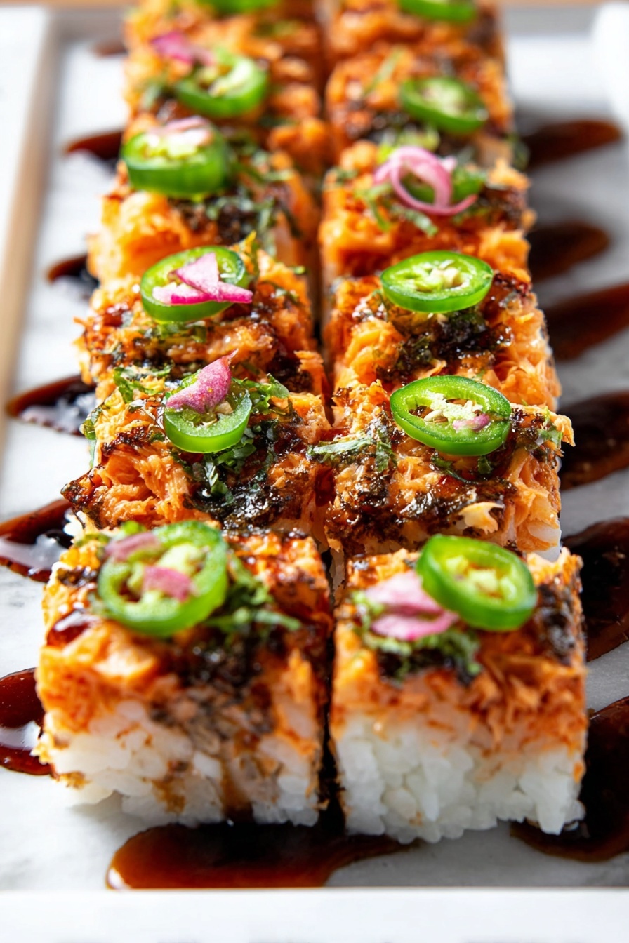 A square piece of layered sushi cake sits in the middle of a white plate with black decorative lines around the edge. The bottom layer is white sushi rice, topped with a thin dark seaweed layer. Above that is a thick orange layer with a creamy texture. The top is garnished with dark green chopped scallions, thin black strips of seaweed, small white sesame seeds, and a shiny dark brown sauce drizzled over it. To the right of the cake, there is a small pile of light pink pickled ginger. The white plate rests on a white marbled surface. Photo taken with an iphone --ar 2:3 --v 7