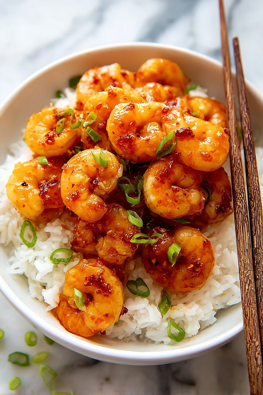 A white bowl contains two main layers; the bottom layer is white steamed rice with a soft and fluffy texture, spread evenly across the bowl. On top is a generous pile of shiny, cooked shrimp glazed with a reddish-orange sauce, giving them a glossy feel. The shrimp are round and plump with a slightly charred look in spots. Small green pieces of chopped scallions are scattered over the shrimp, adding a fresh pop of color. To the right of the bowl, a pair of brown wooden chopsticks rest on the edge. The bowl sits on a surface with a white marbled texture. Photo taken with an iphone --ar 2:3 --v 7