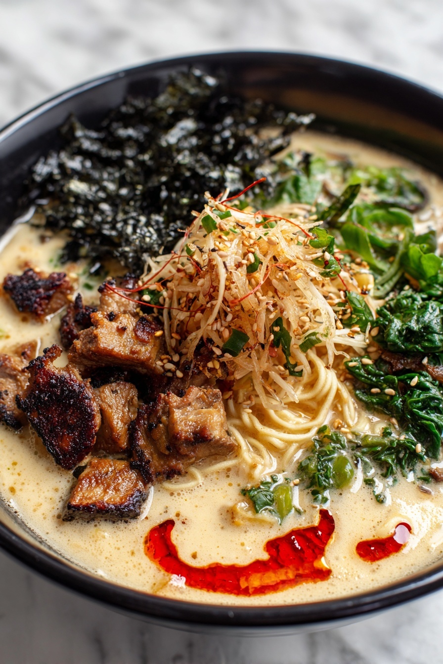 The image shows a black bowl filled with four main layers. The bottom layer contains light brown noodles in savory broth filling the bowl. On top of the noodles, there are sliced grilled chicken pieces arranged neatly in the center with dark brown grill marks. To the left of the chicken, there is a layer of chopped bright green onions. On the right side, there is a creamy white sauce with a smooth but slightly chunky texture. Above the sauce, there are two small piles of toppings: one of dark red chili flakes and the other of light brown sesame seeds. The bowl is sitting on a white marbled surface. photo taken with an iphone --ar 2:3 --v 7