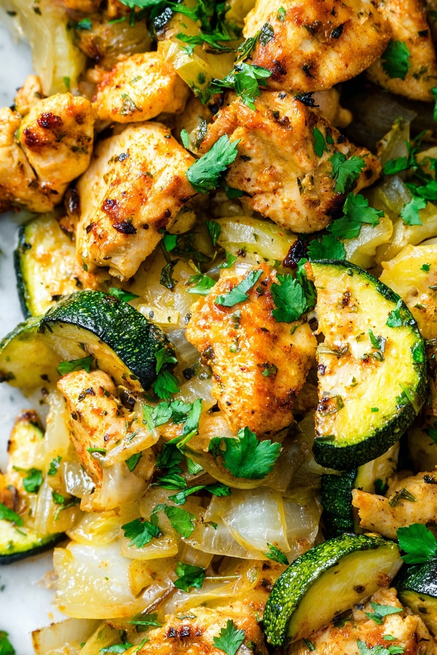 A white bowl holds two layers: the bottom layer is light brown cooked rice with a soft texture, while the top layer consists of grilled pieces of chicken in golden brown color mixed with diced green zucchini and translucent cooked onion pieces. The dish is sprinkled with bright green fresh parsley leaves and a dusting of reddish spice powder on top. A detailed silver fork rests inside the bowl on the left side, and the bowl is set on a white marbled surface. Photo taken with an iphone --ar 2:3 --v 7